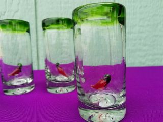 Tequila Shot Glasses Hand Blown Green Rim With Chili Pepper Set Of 4