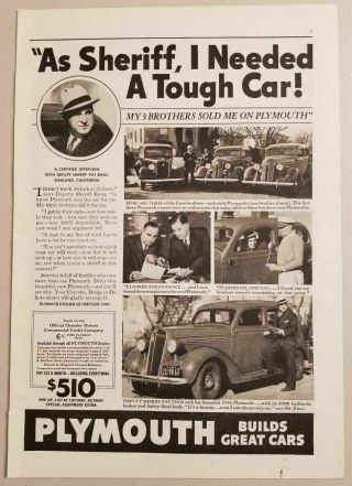 1936 Print Ad Plymouth 4 - Door Cars Deputy Sheriff Pat Enos Oakland,  Ca
