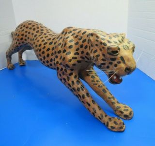 Leather Wrapped Leopard Figurine Statue 24 " L Lifelike Teeth And Whiskers