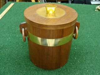 Vtg Brass & Wooden Ice Bucket W/liner And Lid Mid Century Modern 8.  5” Tall