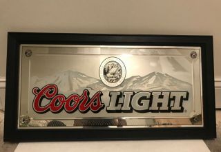 Coors Light Mirror Sign Framed Mountains Large 27.  5x14” Man Cave Bar Sign Ad