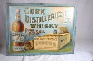 Rare Vintage C.  1900 Cork Distilleries Irish Whiskey Metal Brass Litho Sign Nr
