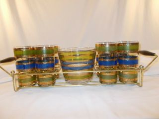 Culver Glass Set Of 8 Blue Green With Ice Bucket & Caddy