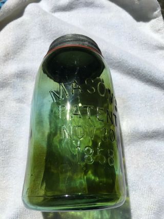 MASON ' S PATENT NOV.  30 1858 OLIVE GREEN QUART JAR WITH AMBER SWIRL 3