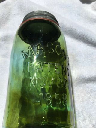 MASON ' S PATENT NOV.  30 1858 OLIVE GREEN QUART JAR WITH AMBER SWIRL 4