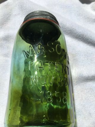 MASON ' S PATENT NOV.  30 1858 OLIVE GREEN QUART JAR WITH AMBER SWIRL 5