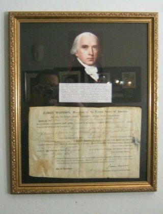 President James Madison Boldly Signed And Framed 1815 Land Grant
