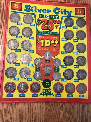 Punchboard Prize Board With 20 Silver Dollars And 12 Half - Dollars.