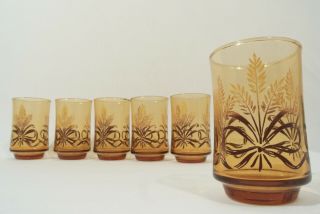 Vtg Mcm Libbey Juice Drinking Glasses Wheat Amber Gold Yellow Brown Bow Set 6