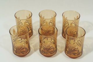 Vtg MCM Libbey Juice Drinking Glasses Wheat Amber Gold Yellow Brown Bow Set 6 2