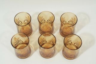 Vtg MCM Libbey Juice Drinking Glasses Wheat Amber Gold Yellow Brown Bow Set 6 3