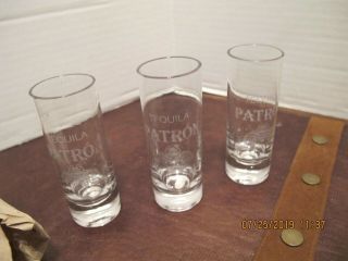 Set Of 3 Tequila Patron Tall Clear Shot Glasses With Patrón Logo & Bee Etched