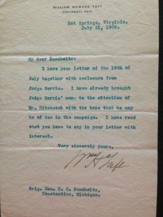 William Howard Taft Signed Letter - July 21,  1908