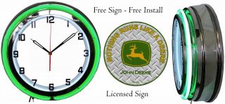 Nothing Runs Like A John Deere Sign With 19 " Double Neon Clock Green Neon