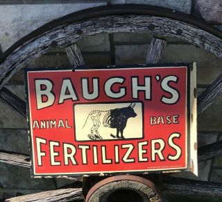 Baugh’s Animal Base Fertilizer Porcelain Sign,  Vintage Double Sided Flange