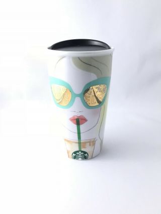 2016 Starbucks La Girl W/mirrored Sunglasses Ceramic Tumbler 12 Oz W/lid