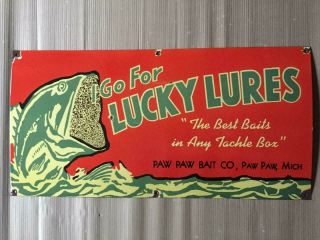 Vintage Lucky Lures Paw Paw Bait Co.  Porcelain Enamel Sign 36 " X18 "