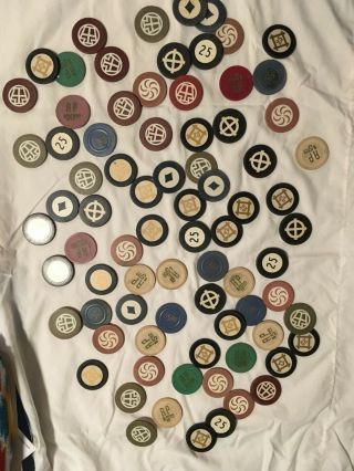 130 Various Antique Clay Gaming Chips - Poker Gambling