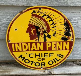 Vintage Indian Penn Gasoline Porcelain Sign Gas Station Pump Plate Motor Oil