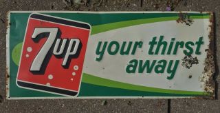 Vintage Sign 7 Up Your Thirst Away Embossed Tin Litho Soda Pop Advertising 1960s