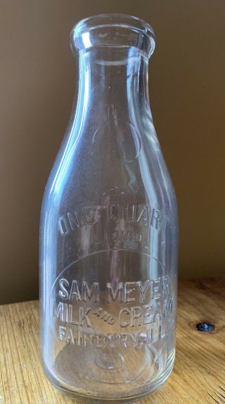 Sam Meyer Embossed Round Quart Dairy Milk Bottle Fairbury,  Illinois