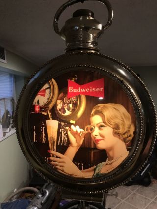 1959 Hanging Budweiser Rotating Lighted Pocket Watch Clock Read