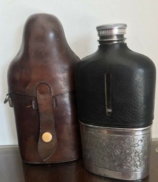 Antique James Dixon Hip Flask Leather & Silver Plate Large Size 1880