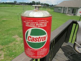 Rare Castrol Oil 2 Cycle Snowmobile Fuel Mixing 6.  5 Gallon Metal Gas Can