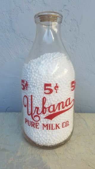 Vintage Milk Bottle Urbana Illinois Pure Milk Co 5 Cent Bottle Red Pyro C.  1914