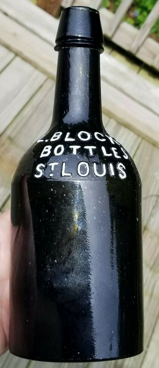 A Beauty L.  Blocks Bottles Black Glass Olive Green Ale Bottle St.  Louis MO Beer 2