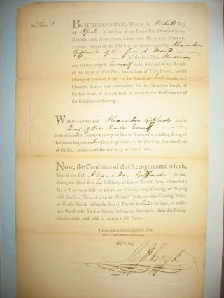 Mayor Richard Varick Signed Document,  1792 Tavern License