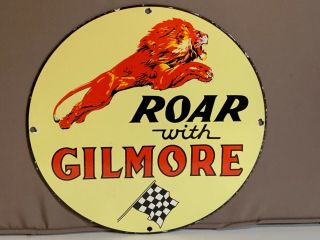 12 In Gilmore Roar Racing Gasoline Porcelain Enamel Sign Oil Gas Pump Plate