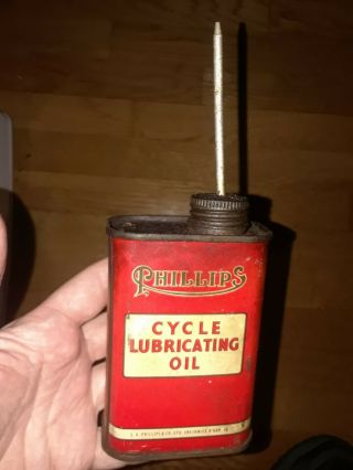 Vintage Phillips Cycle Lubricating Oil Tin Can With Spout Bicycle 8 Oz Partial