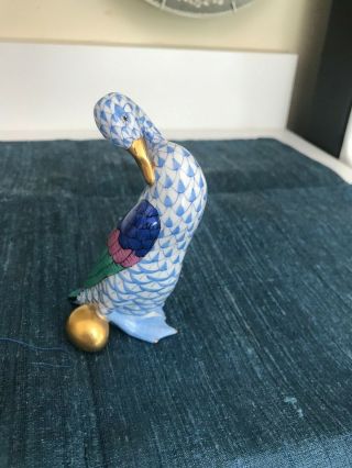 4 " Herend Porcelain Blue Fishnet Goose With Golden Egg Figurine