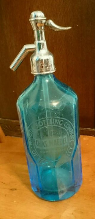 Vintage Blue Panel Seltzer Syphon Bottle Chas Maedel Whistle Bottling Comp Essex
