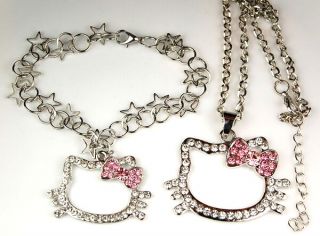 Hello Kitty Silver Pink Bow Crystal Star Bracelet Necklace Jewelry Set