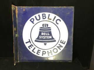 Vintage Bell System Public Telephone Porcelain 2 Sided Sign Flange Side 11 "