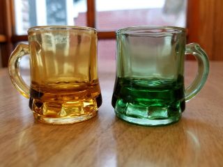 2 Vtg Federal Glass Mini Stein/mug/shot Glass/toothpick Holder 1oz 2 " Rare Green