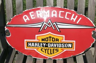 Vintage Convex Porcelain Harley Davidson Sign,  Aermacchi,  Antique