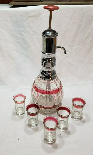 Vintage Chrome Pump Liquor Dispenser With 5 Colored Shot Glasses