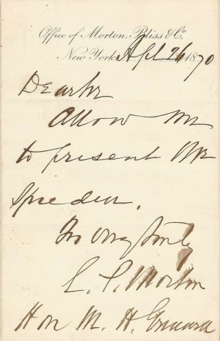 Levi P.  Morton,  U.  S.  Vice President Under Benjamin Harrison,  1870 Signed Letter