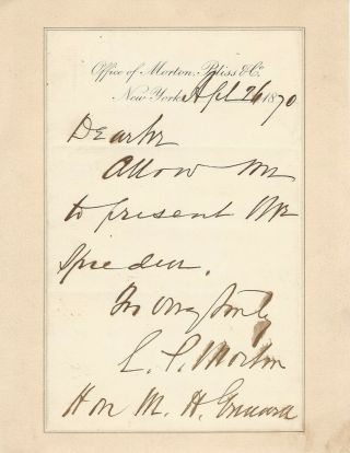 Levi P.  Morton,  U.  S.  Vice President Under Benjamin Harrison,  1870 Signed Letter 2