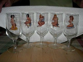 Vintage Peek A Boo Naked Nude Girls 9 Oz.  Wine Glasses 5 Risque Pinup 1950 