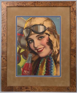 Framed Rolf Armstrong Vintage 1931 Aviation Pin - Up Poster Advertising Nehi Soda