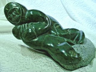 Inuit Eskimo Stone Carved Sculpture 1977 Signed Man Catches Seal