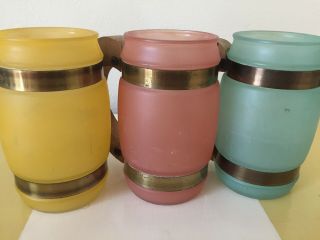 Vintage 3 Siesta Ware Barrel Mugs Retro Barware Wood Handles Pastel Frosted Mcm