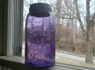 Honest Mason Jar Pat.  1858 Pretty Amethyst Purple Quart Fruit Jar 1890s With Lid