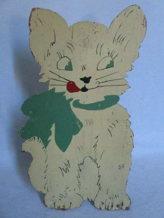 Wonderful Vintage 13 " Cat Door Stop Wooden Wedge Hand Painted Folk Art