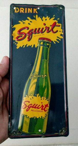 Rare 1940s Squirt Soda Embossed Metal Door Push Palm Press Sign.  Wow