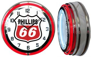 Phillips 66 Gas Oil 19 " Double Neon Clock Red Neon Chrome Finish